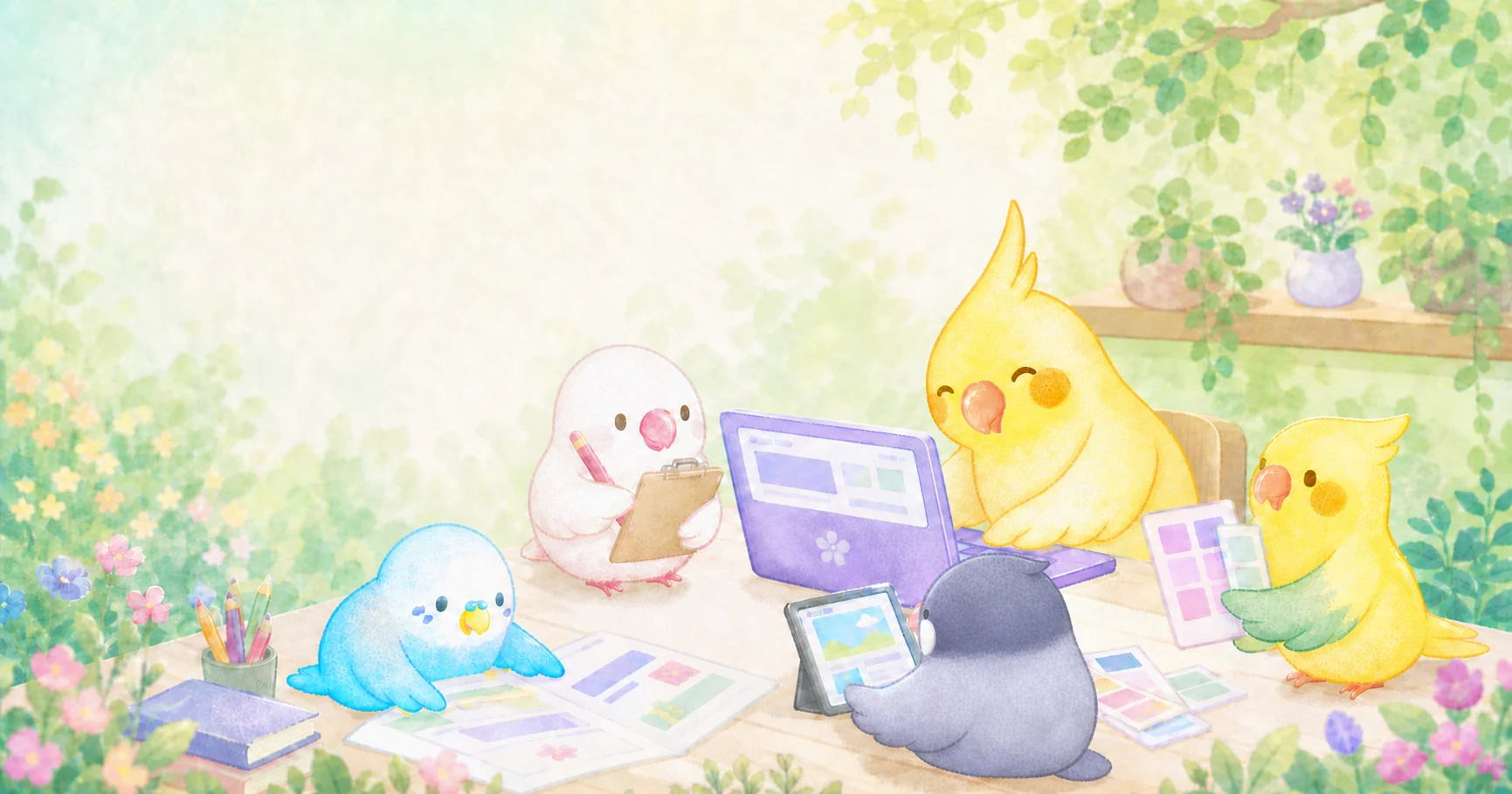 鳥たちがパソコンや資料でホームページを作っている、やさしい水彩イラスト